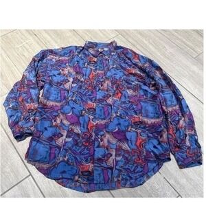 Impact Womens L Silk Button Down Shirt Blue Purple Abstract Psychedelic Art 90s